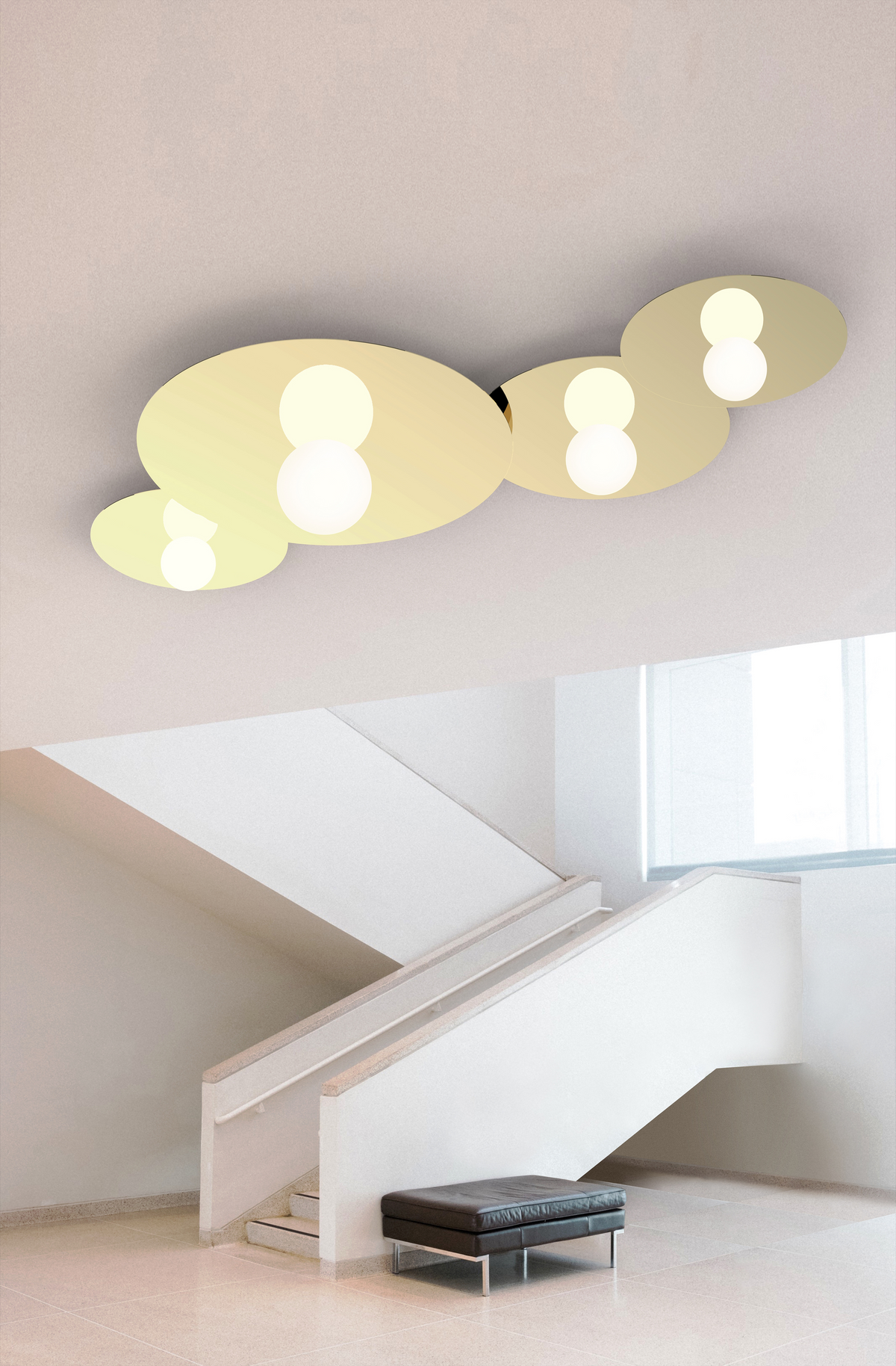 Bola Disc Colors flush mount glowing over furniture, tall view