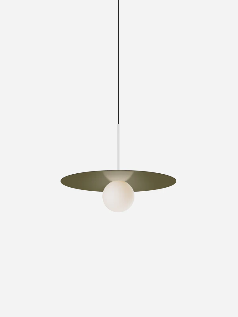 Pablo Designs Bola Disc Colors pendant – 18" Moss disc, Matte White stem