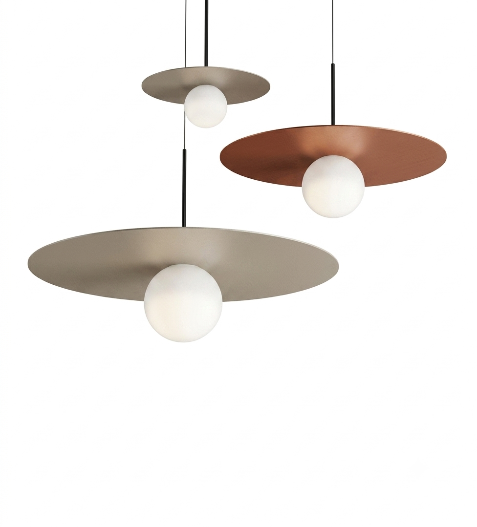 Pablo Designs Bola Disc Colors LED pendant, matte disc with opal glass globe – view 3