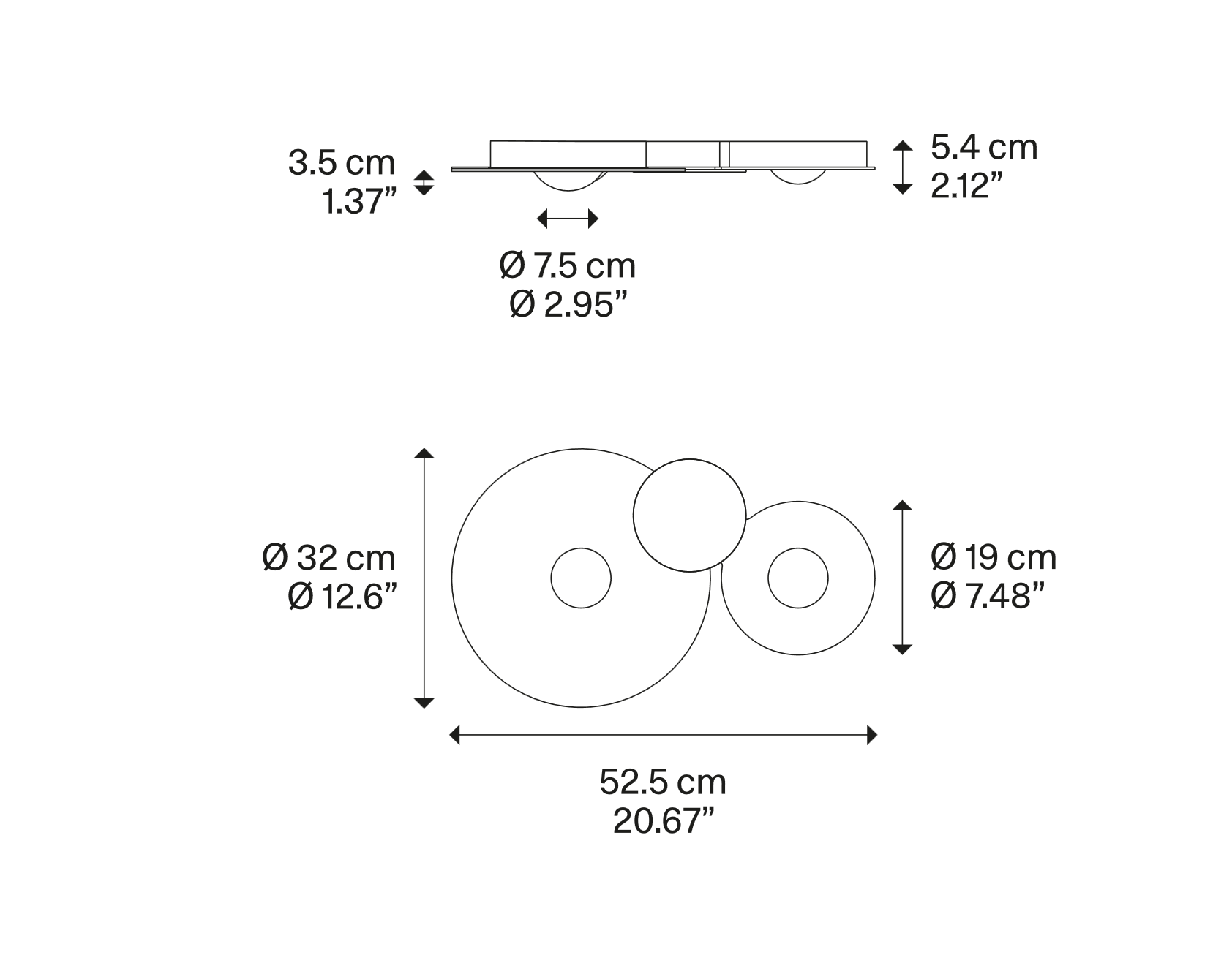 Technical line drawing showing the Lodes Bugia Double LED flush mount ceiling light dimensions and circular design