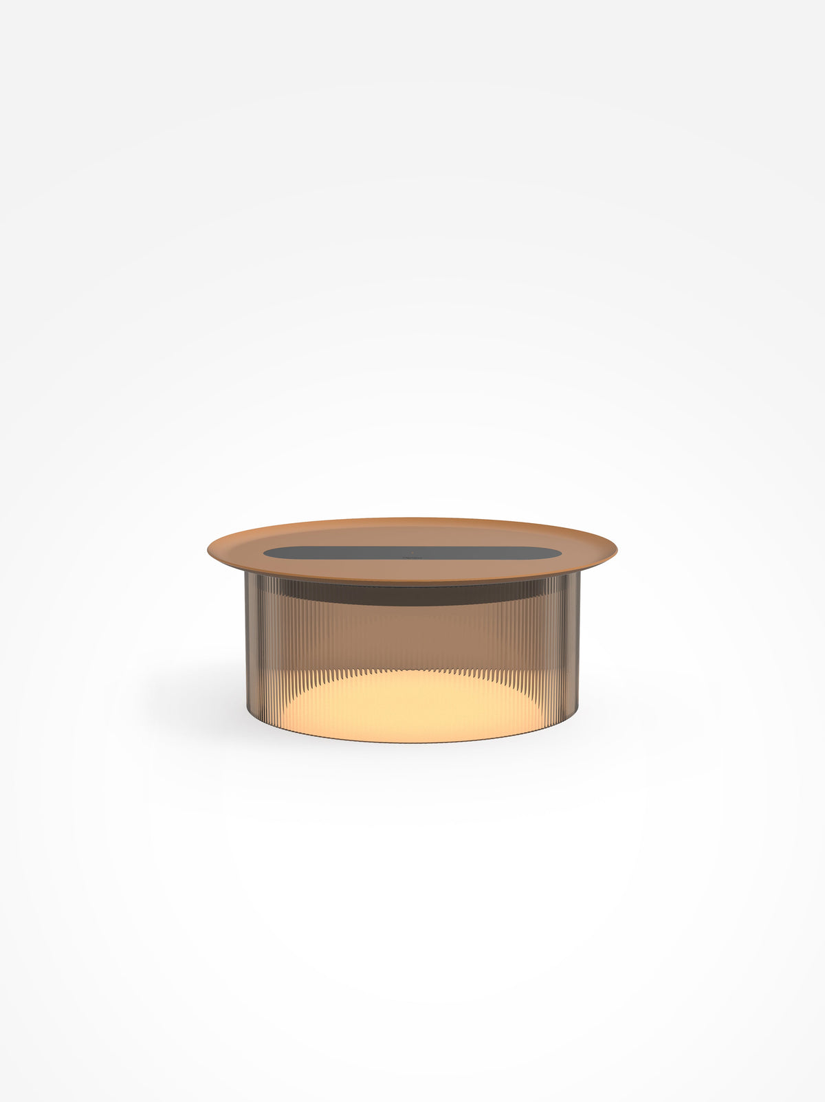 Carousel wireless-charging table lamp, bronze base, terracotta tray, 12 in tray, studio shot