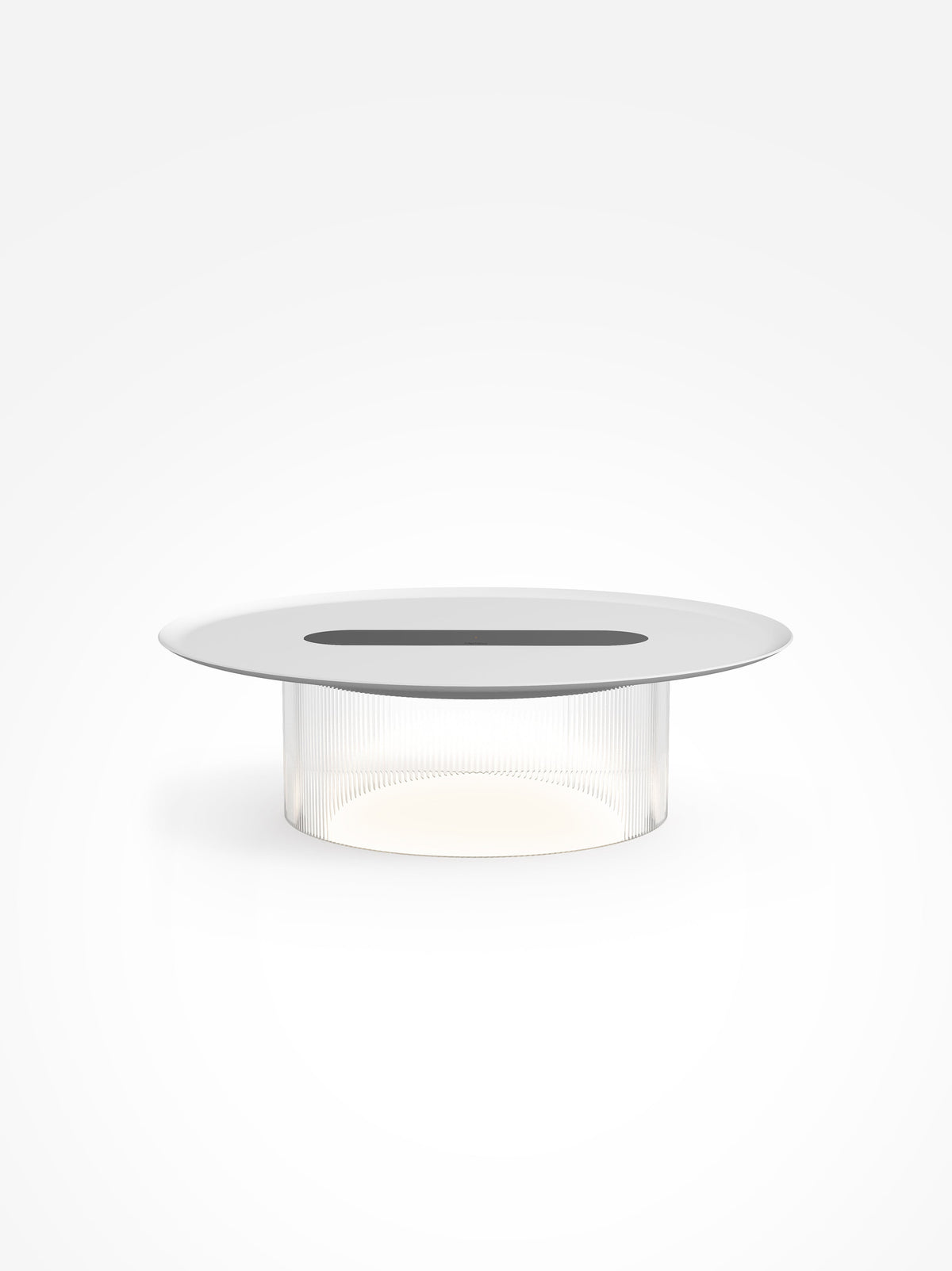 Carousel wireless-charging table lamp, clear base, white tray, 16 in tray, studio shot