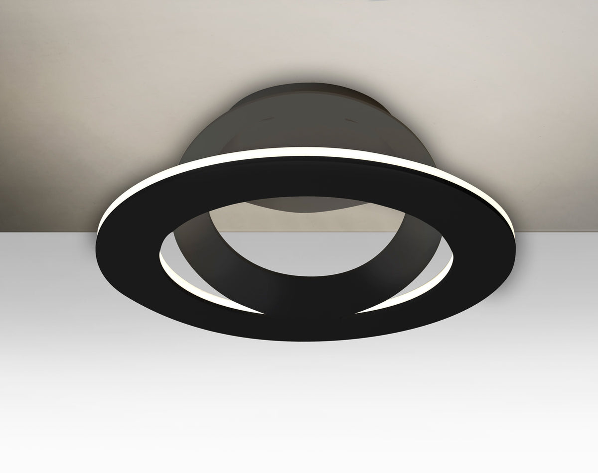 Besa Cue LED semi-flush ceiling light, black powder-coated aluminum, circular body – studio view