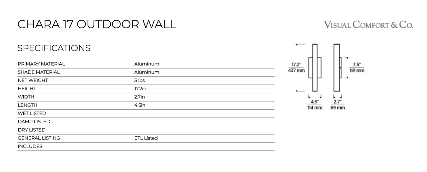 Chara 16 Black Outdoor LED Wall Sconce by Visual & Comfort & Co