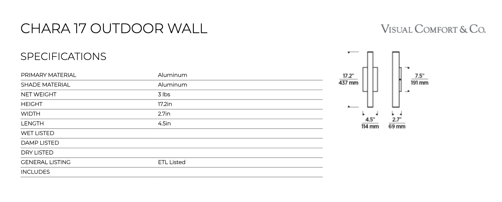 Chara 16 Black Outdoor LED Wall Sconce by Visual & Comfort & Co