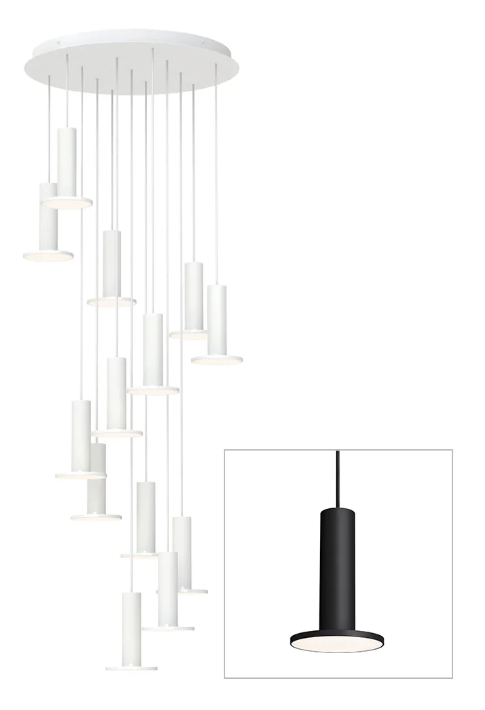 Cielo Plus 13-light chandelier in black on a wide canopy, studio view