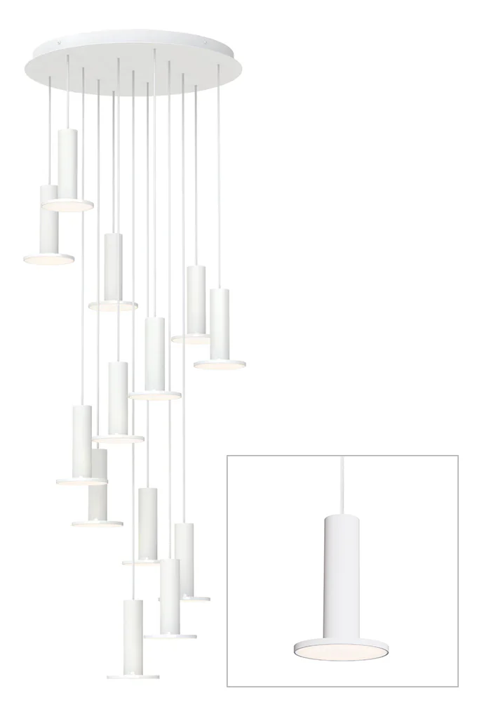 Cielo Plus 13-light chandelier in white on a wide canopy, studio view