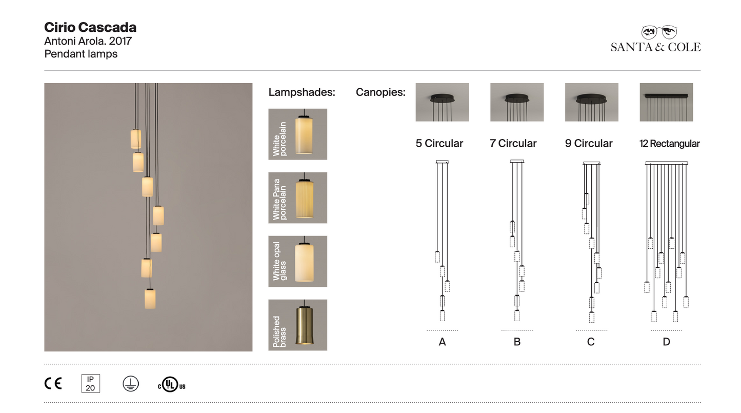 Technical line art illustration of Cirio Cascada multi-pendant LED chandelier designed by Antoni Arola