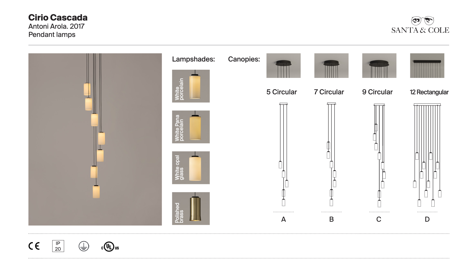 Technical line art illustration of Cirio Cascada multi-pendant LED chandelier designed by Antoni Arola