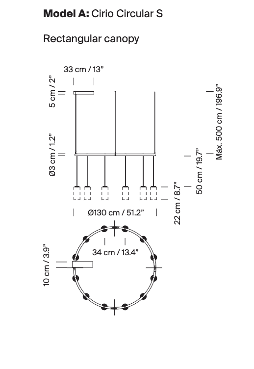 Black and white line drawing of architectural circular ceiling suspension lamp