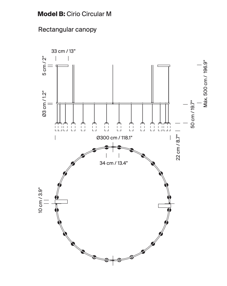Technical pendant light line sketch showing circular LED chandelier structure