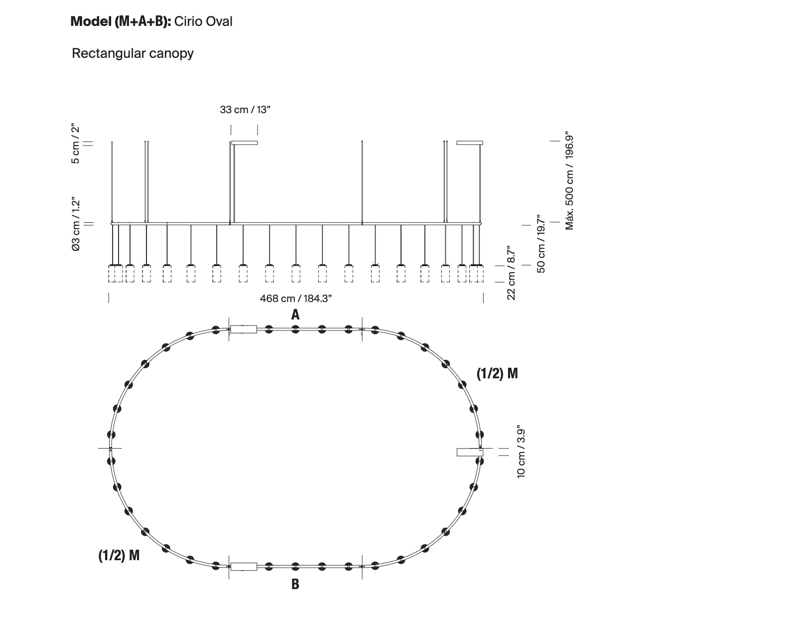 Santa & Cole Cirio Oval chandelier schematic side elevation drawing