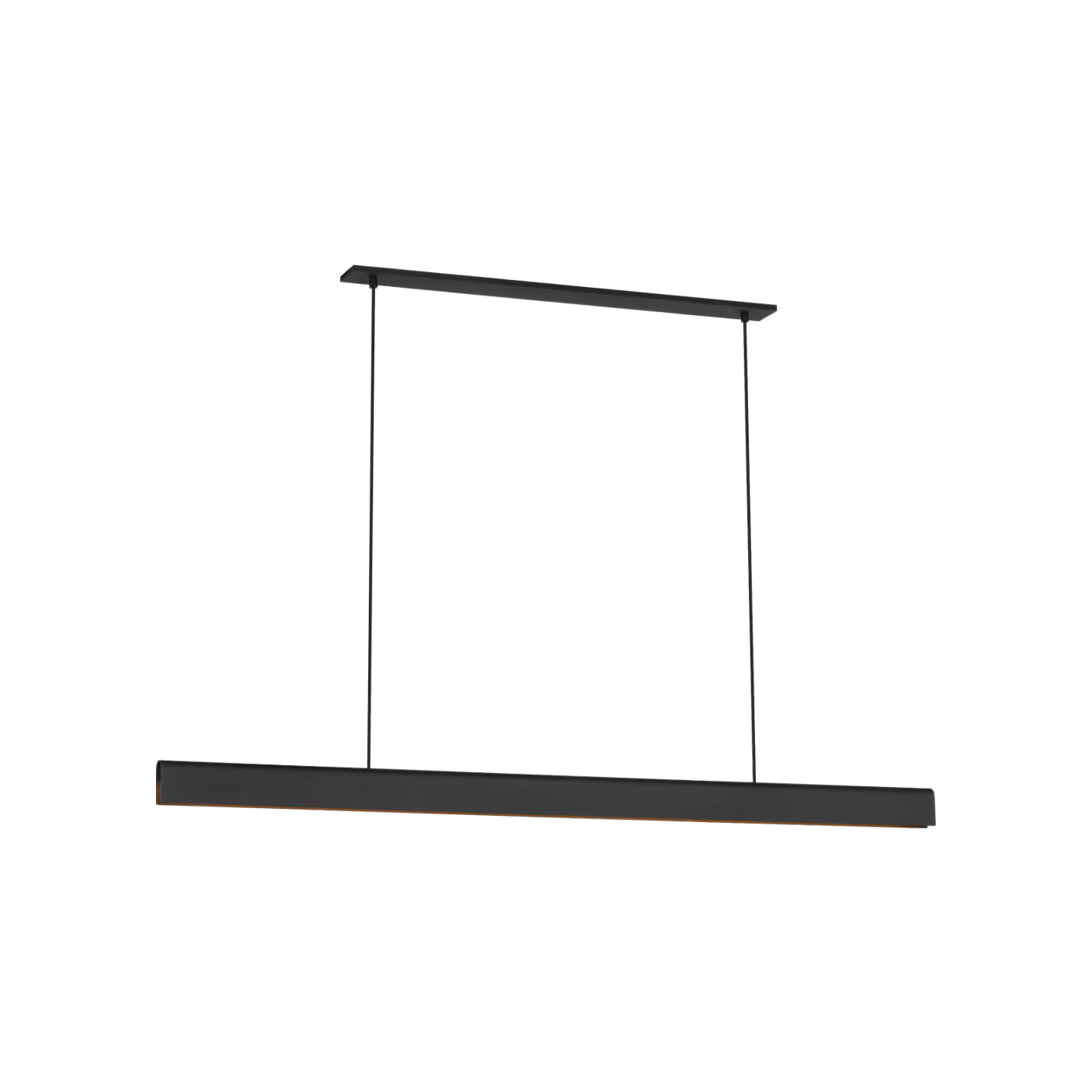 Contemporary black chandelier with warm LED light over kitchen island