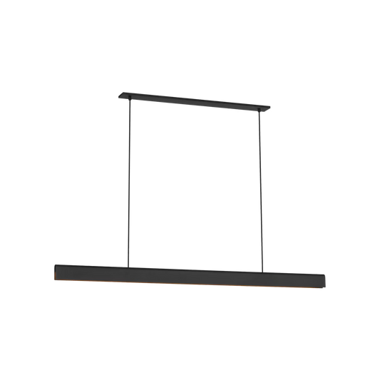 Contemporary black chandelier with warm LED light over kitchen island
