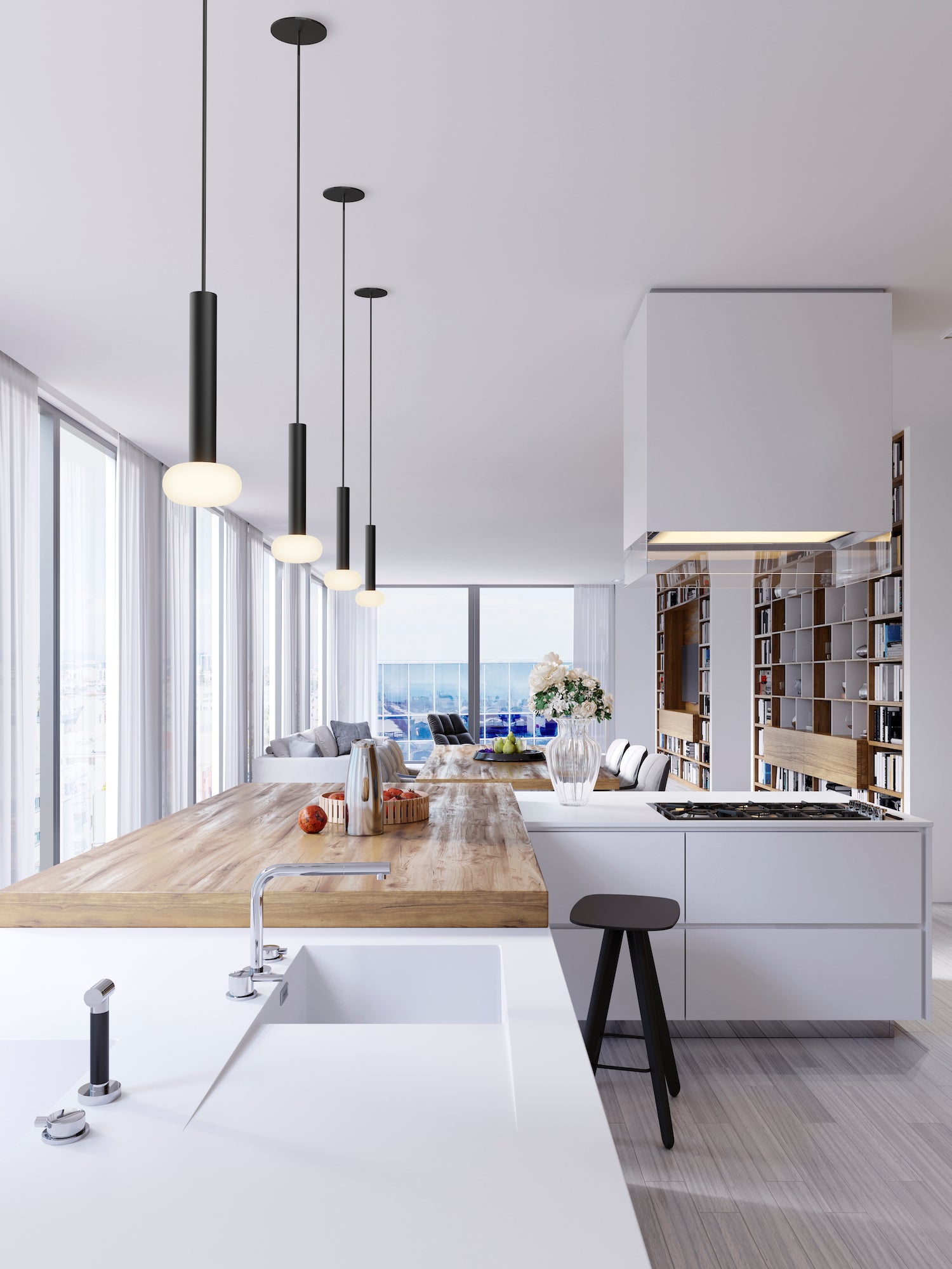 Combi Pendant 6 Linear 3 Combo Matte Black Matte Black Canopy Glass Ball Attachment Suspension Flush Mount 2 In 1 Cmp L3 S 06 Mtb Na Glb by Koncept Inc