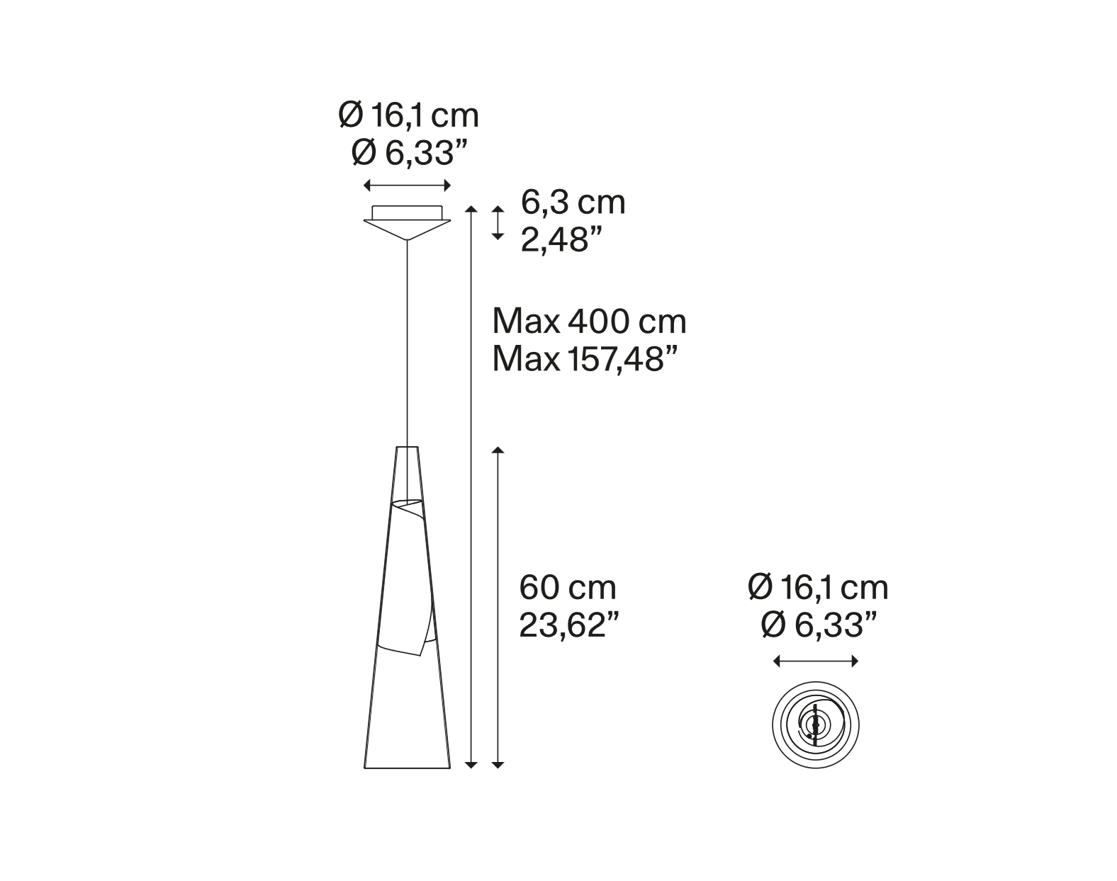 Dimension drawing of the Lodes Cono di Luce Large LED suspension light with overall measurements