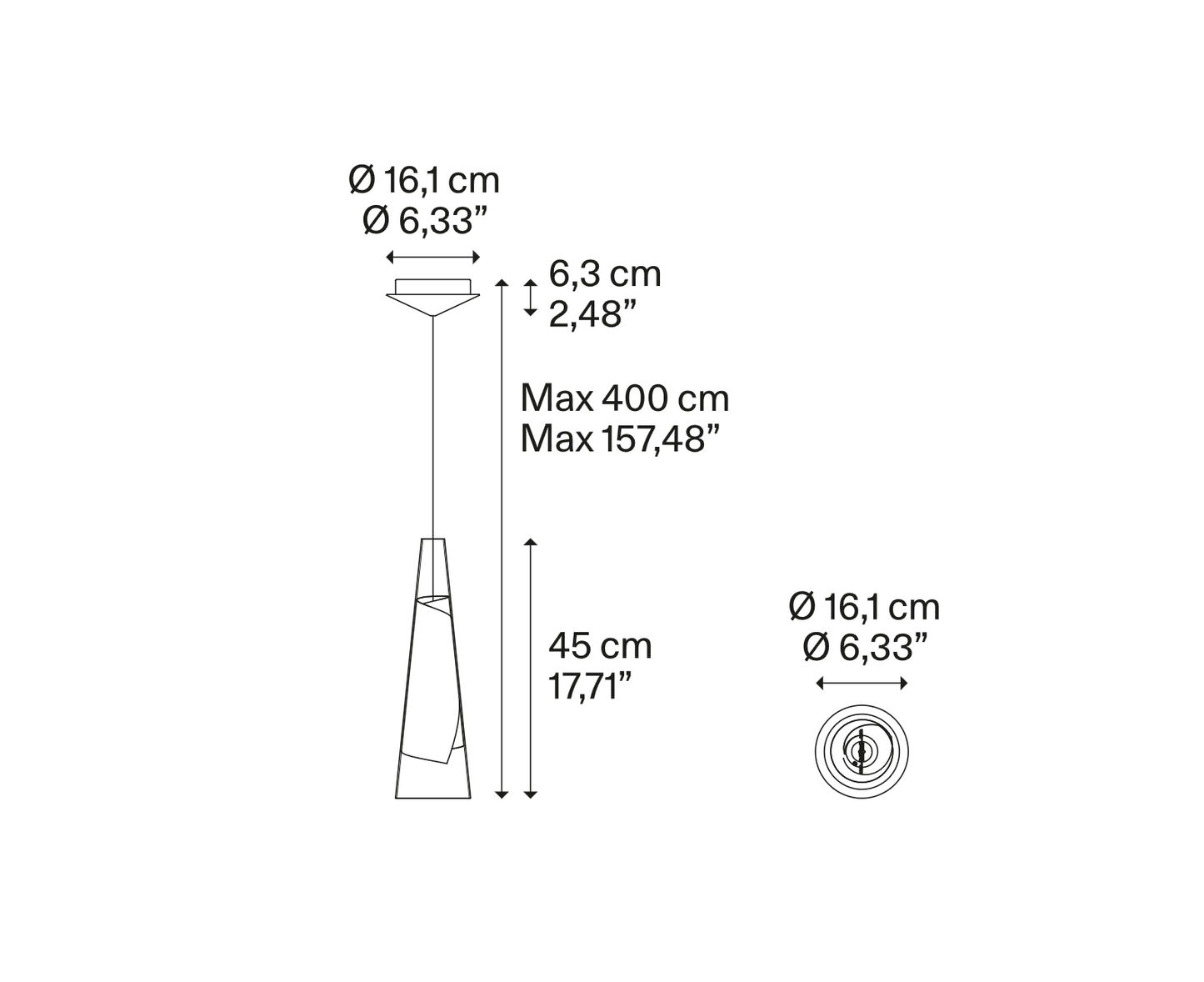 Dimension drawing of the Lodes Cono di Luce Small LED pendant with overall measurements