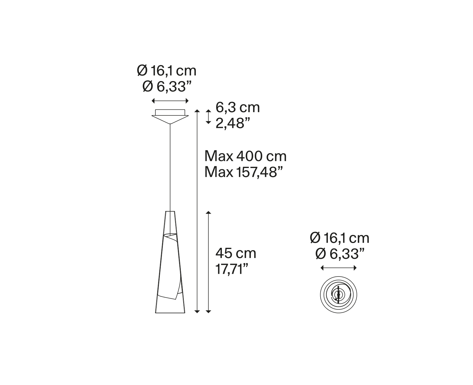 Dimension drawing of the Lodes Cono di Luce Small LED pendant with overall measurements