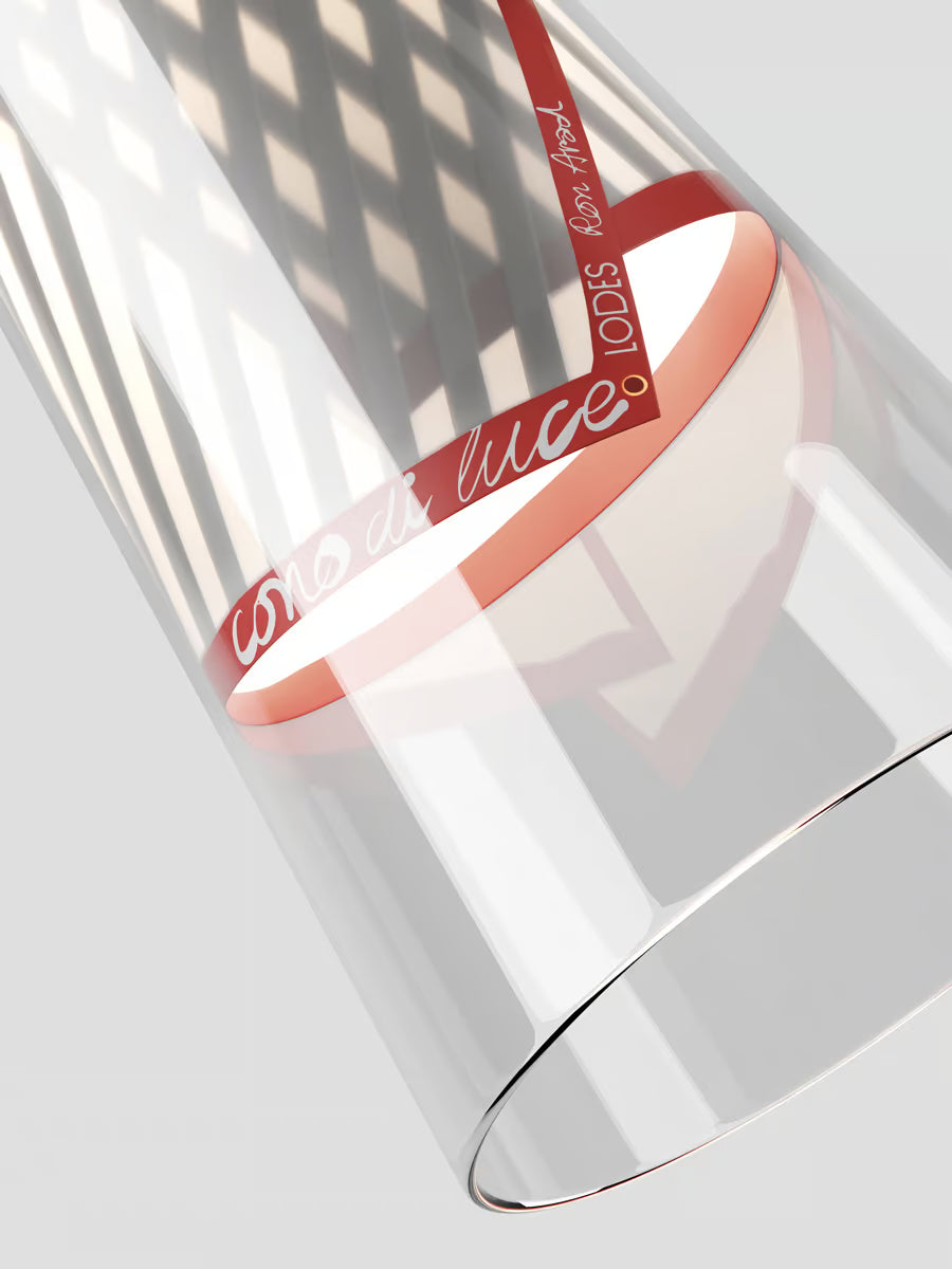 Modern red Lodes Cono di Luce suspension light designed by Ron Arad with transparent glass