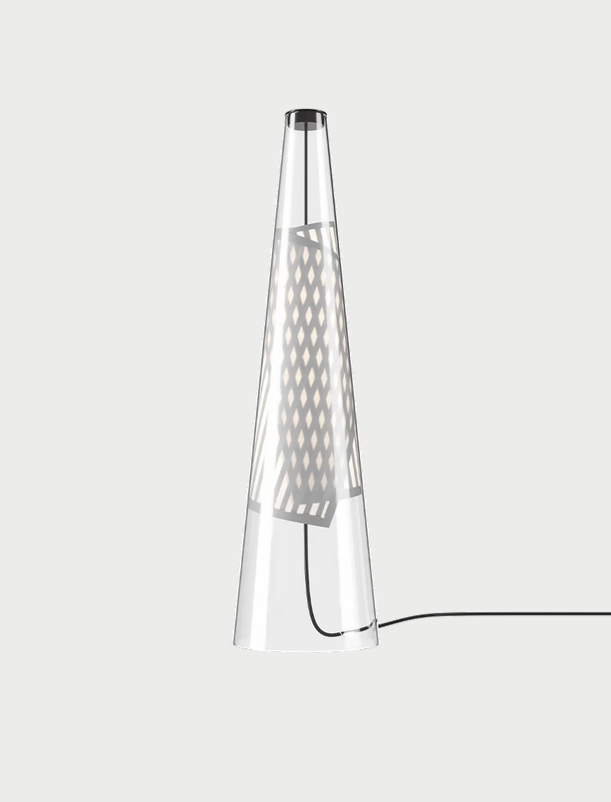 Cono di Luce gray designer table lamp with clear blown glass diffuser
