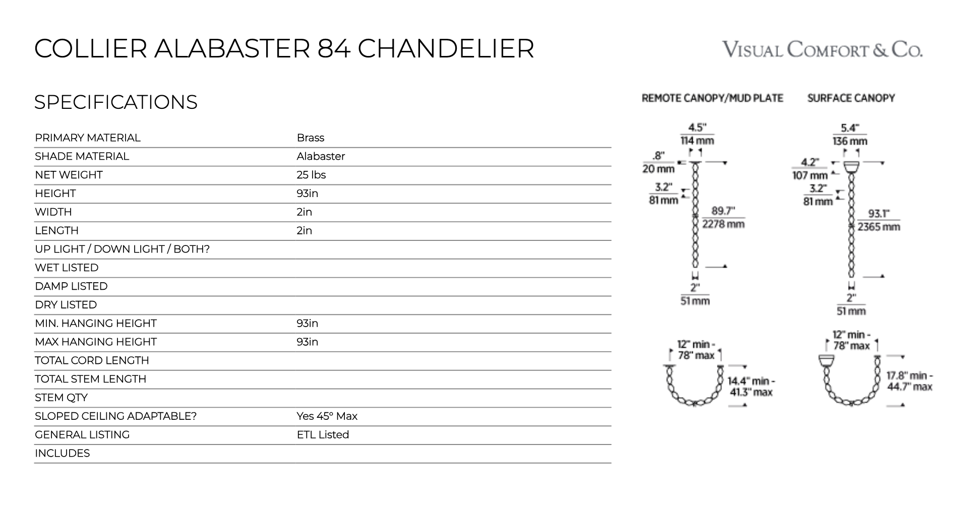 Collier 84 Alabaster LED Chandelier by Visual & Comfort & Co