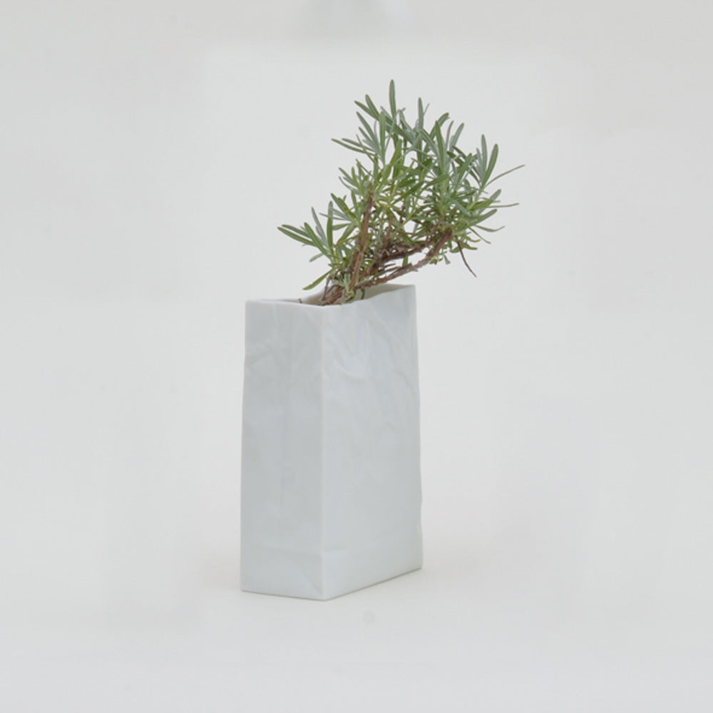 Ceramic Japan Crinkle Paper Bag Vase, White Porcelain – holding a branch of greenery