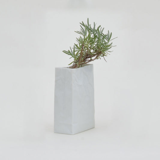 Ceramic Japan Crinkle Paper Bag Vase, White Porcelain – holding a branch of greenery