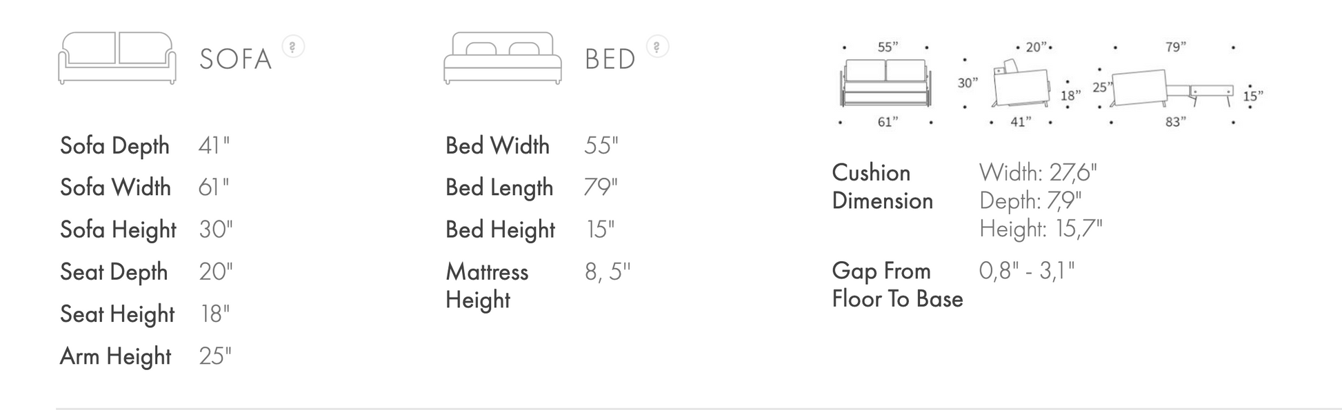 Dimension diagram of the Innovation Living Cubed full sleeper sofa with arms