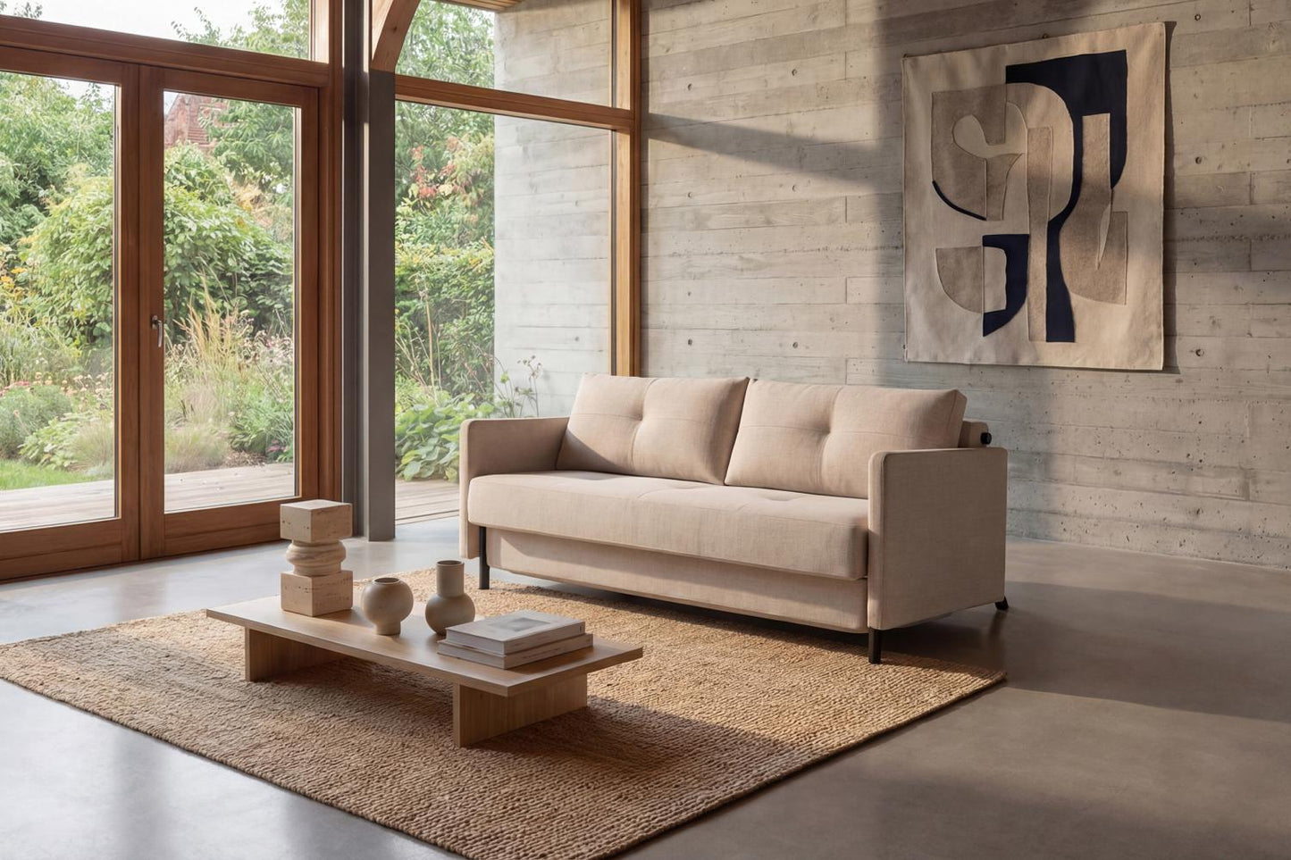 Contemporary full sleeper sofa with space-saving design