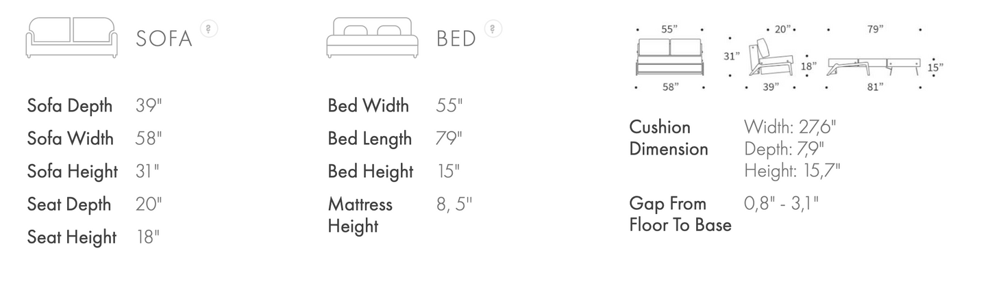 Measurement guide for the Cubed full size sleeper sofa with oak wood legs by Innovation Living