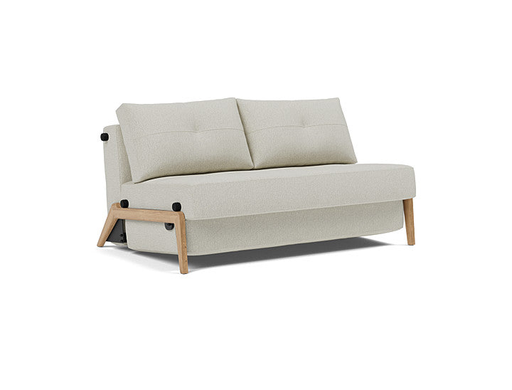 Modern full size sleeper sofa with oak legs and 527 Mixed Dance Natural upholstery