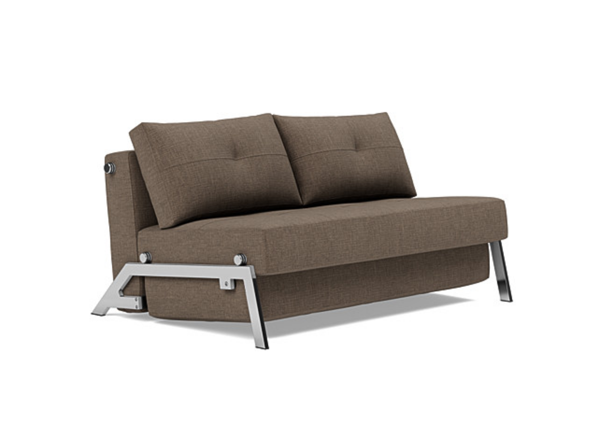Side profile of the Cubed sofa bed with chrome legs in 411 Esina Cedar Brown