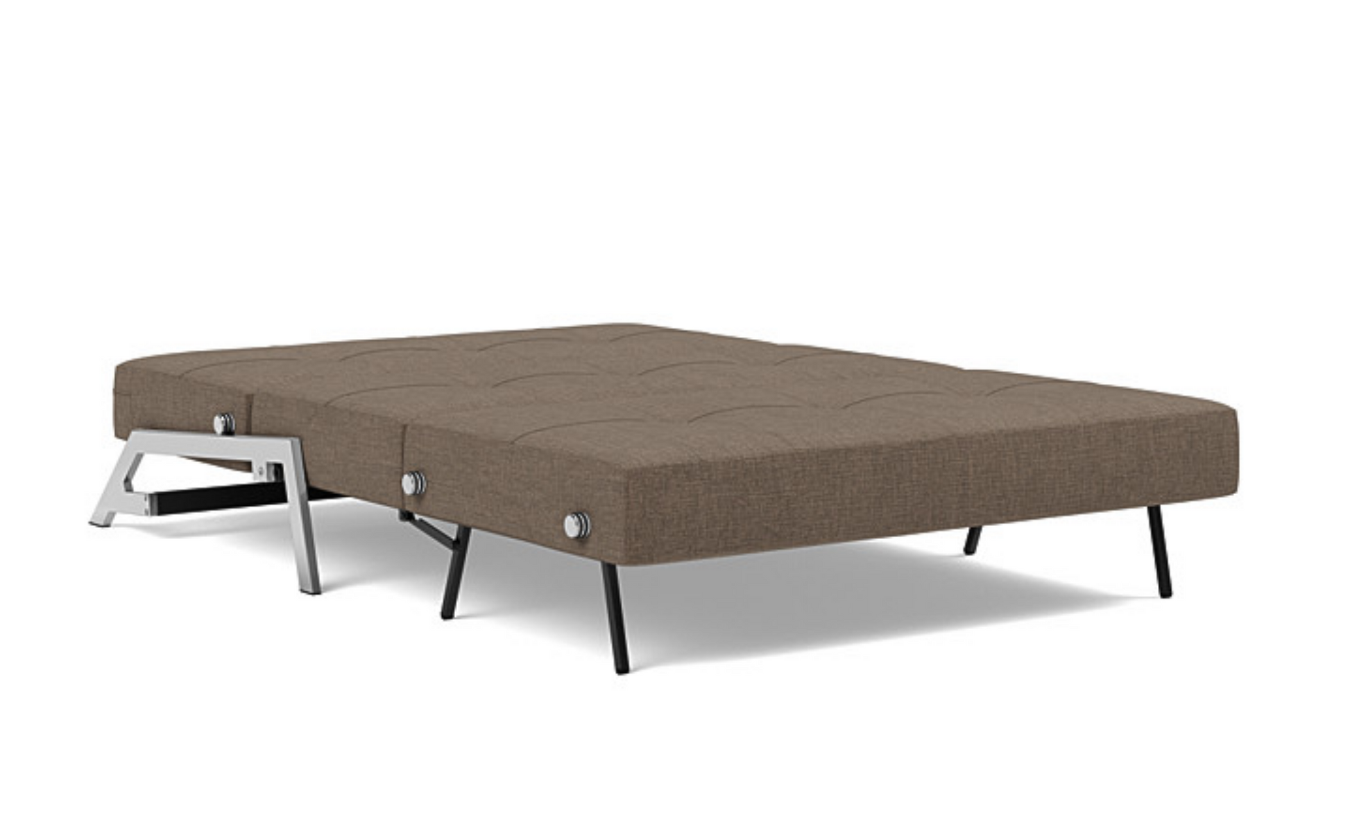 Scandinavian sleeper sofa with chrome legs and 411 Esina Cedar Brown upholstery
