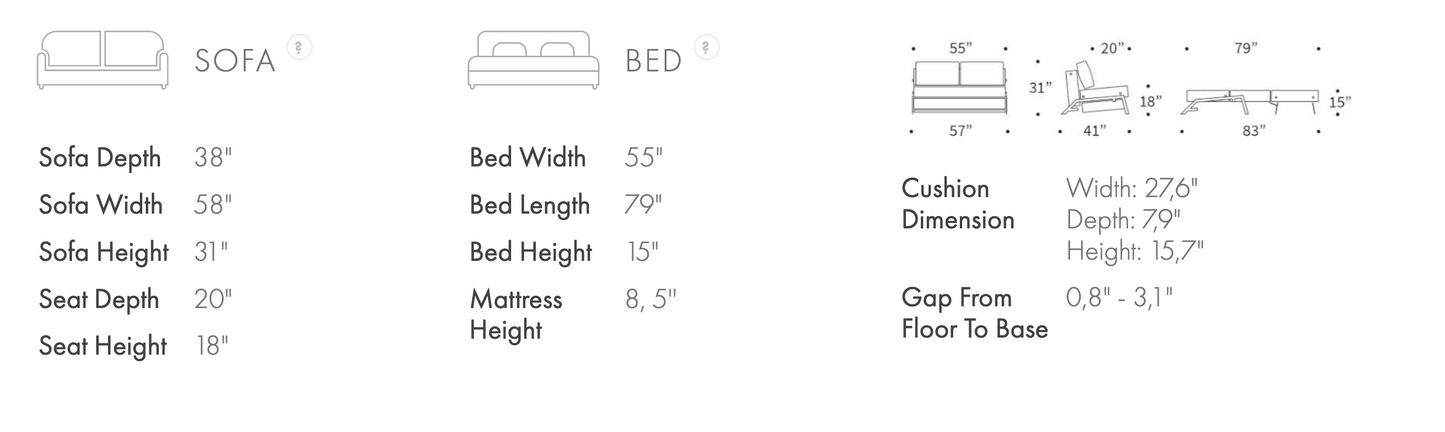 Cubed Full Size Sleeper Sofa measurement diagram showing sofa dimensions and 55 x 79-inch sleeping surface