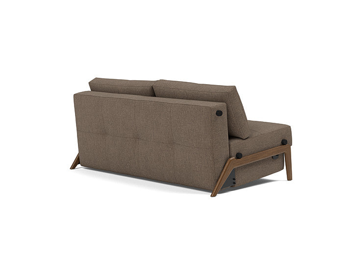 Contemporary queen sleeper sofa with concealed bedding storage and cedar brown woven fabric