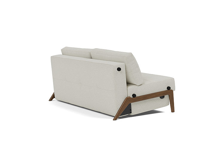 Scandinavian queen sleeper sofa with concealed bedding storage and natural woven fabric