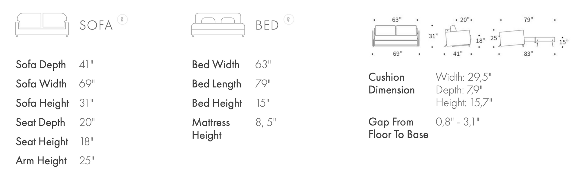 Furniture dimensions illustration with sofa and bed measurements for space planning