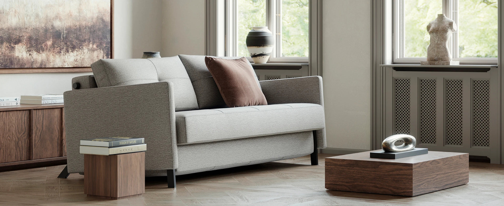 Contemporary furniture with neutral fabric and timeless design