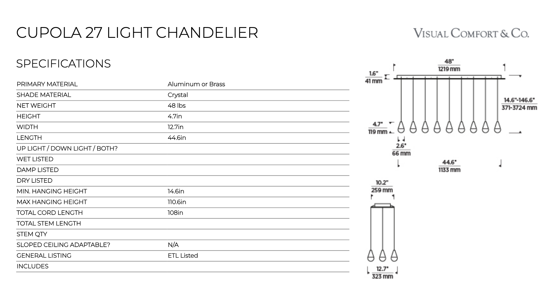 Cupola 27 Light Linear LED Chandelier 700Trspcpa27 by Visual & Comfort & Co