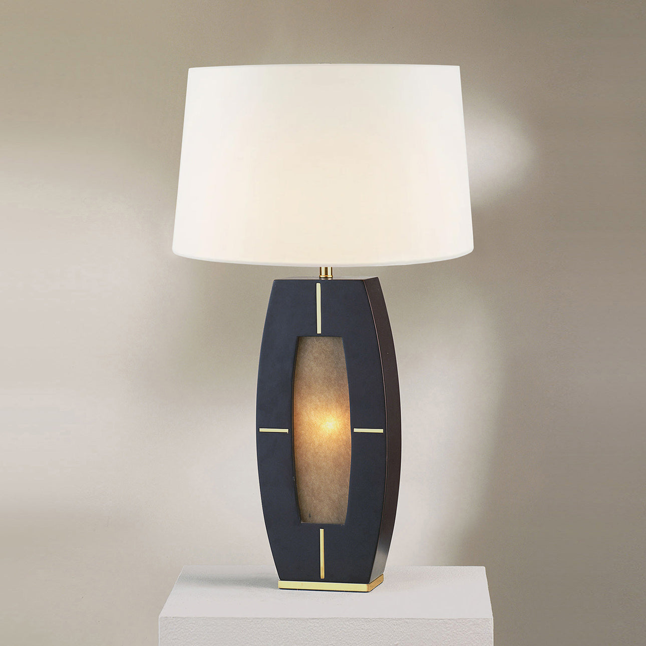 Delacey Table Lamp Night Light Ebony Wood Weathered Brass White Linen Shade 1030773B by Nova California