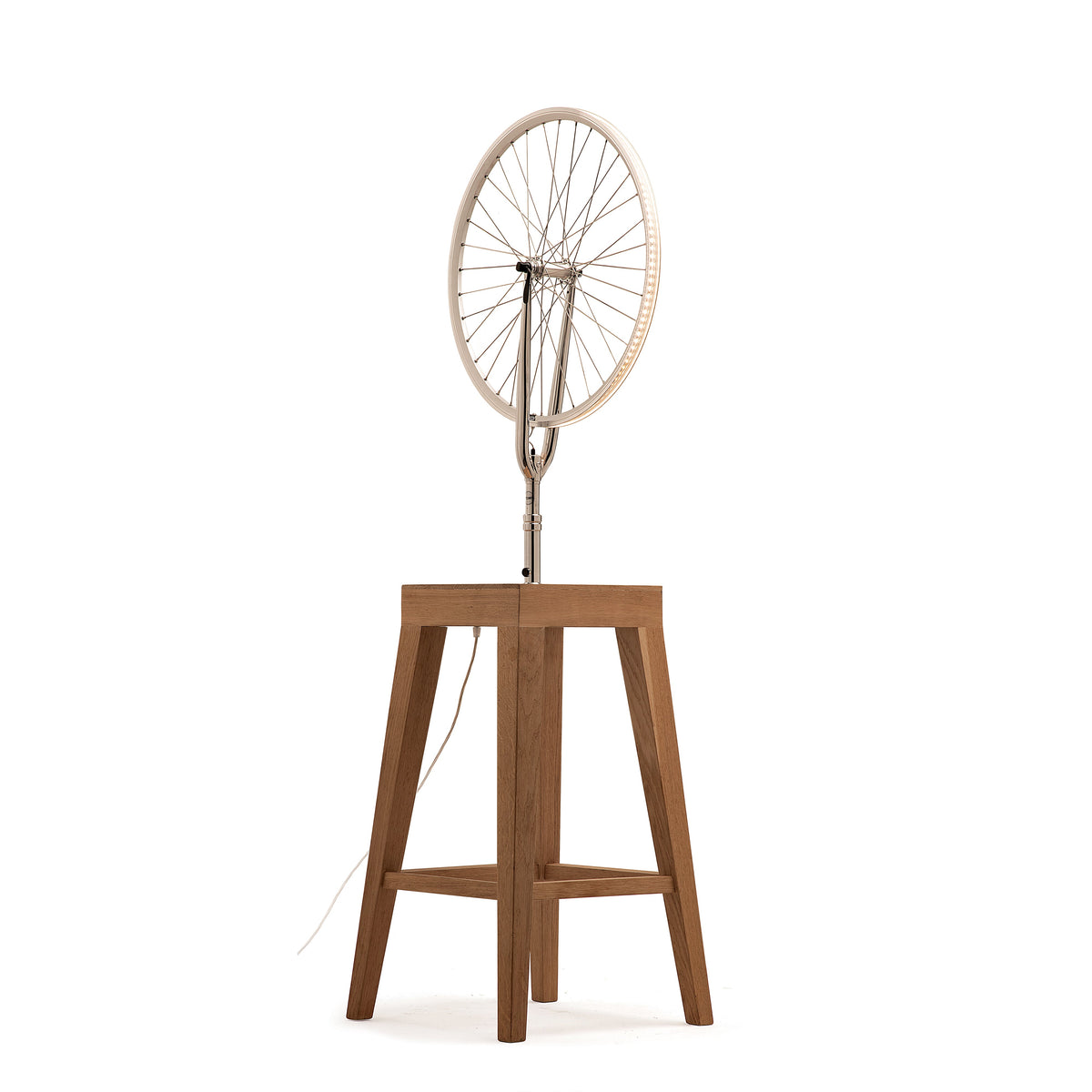 Cyclampa Marcel lamp stool, bicycle wheel on oak stool, front view