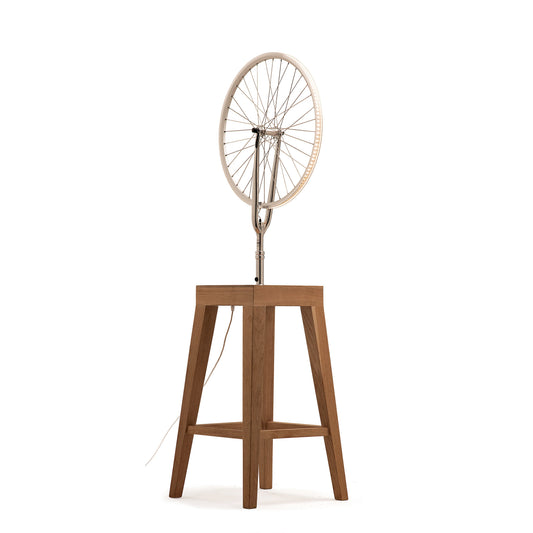 Cyclampa Marcel lamp stool, bicycle wheel on oak stool, front view