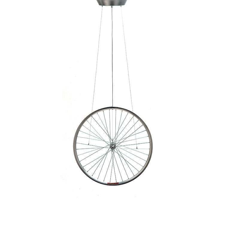 Cyclampa Eddy pendant, wheel seen face-on below the leather canopy