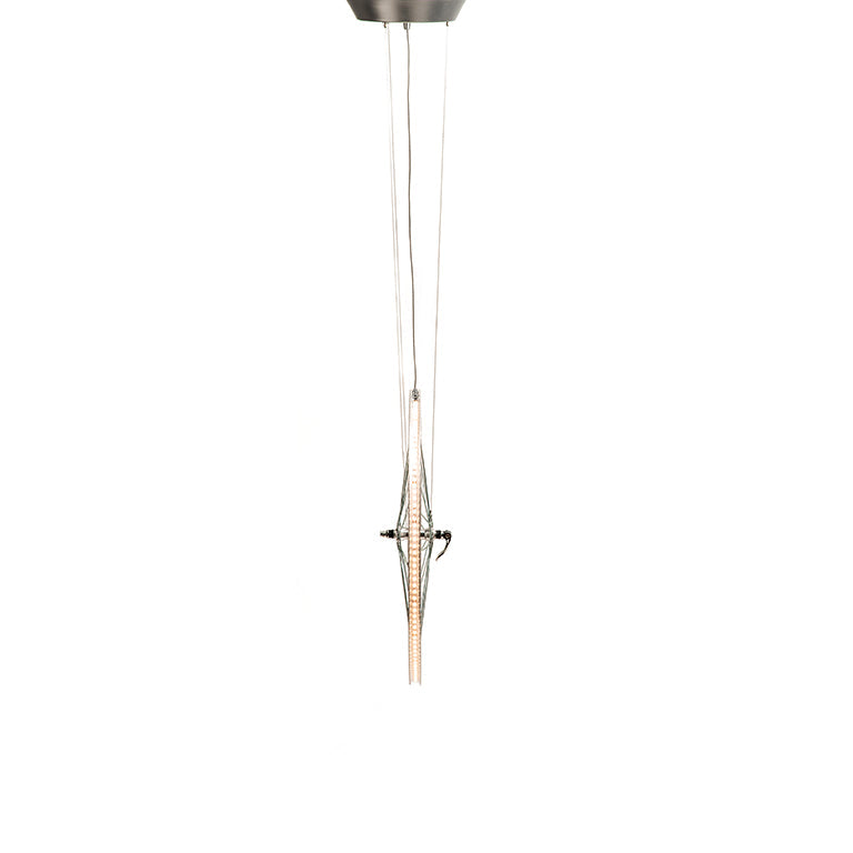 Cyclampa Eddy bicycle wheel pendant, slim side view on three cables