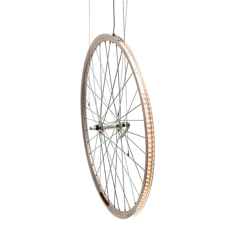 Cyclampa Eddy wheel pendant front view, chrome fork and spokes