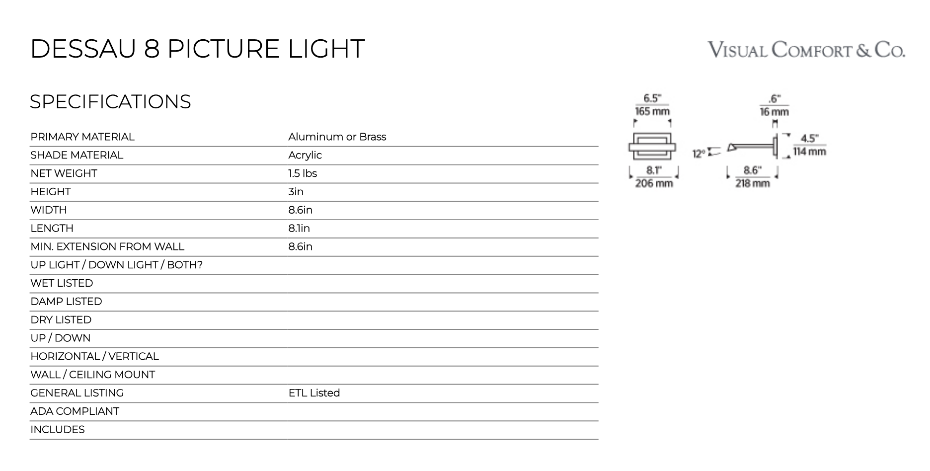 Dessau 8-inch LED Picture Light Wall Art Lighting by Visual & Comfort & Co