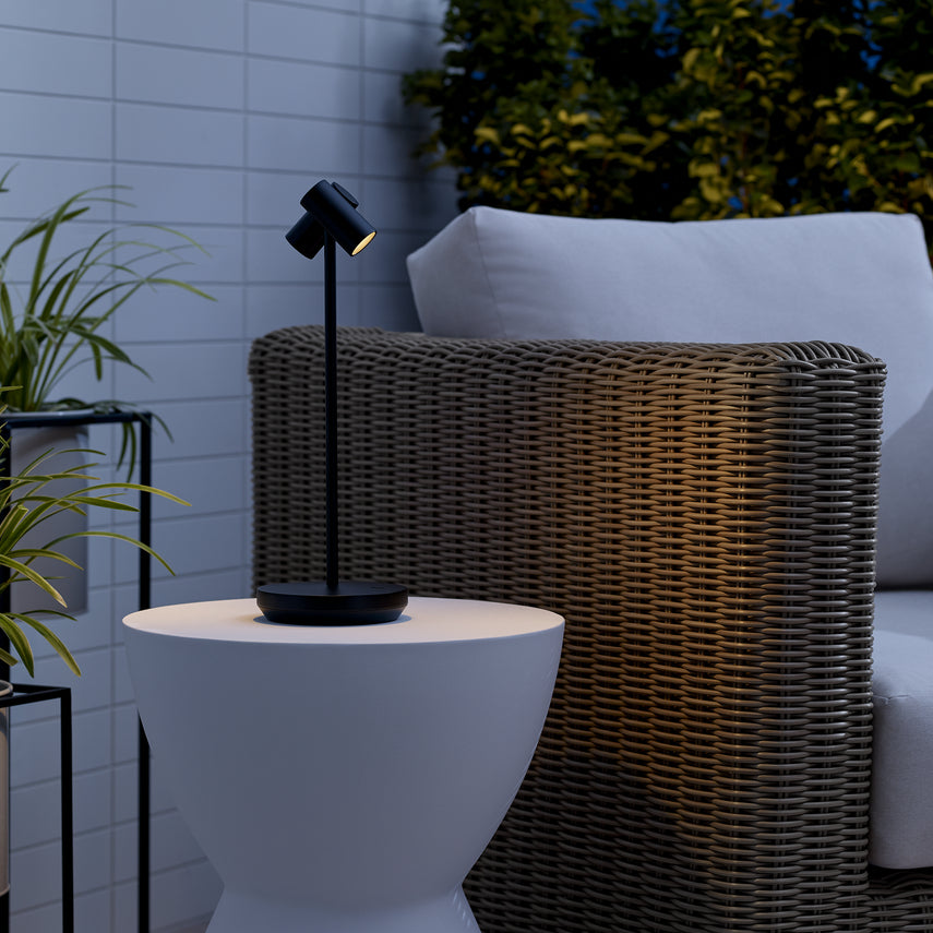 Minimalist black LED table lamp with USB-C charging cable and wall charger included