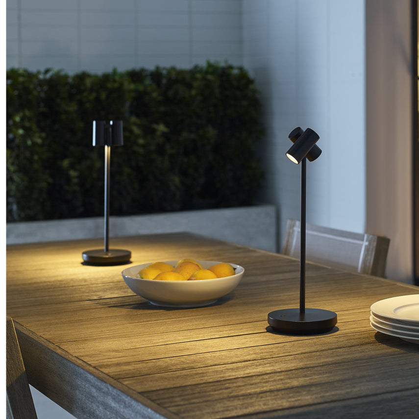 Black finish cordless table lamp with energy-efficient LED technology and compact design