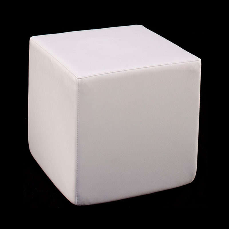 Studio view of a white La Fête Dot 2 cube ottoman on a black background