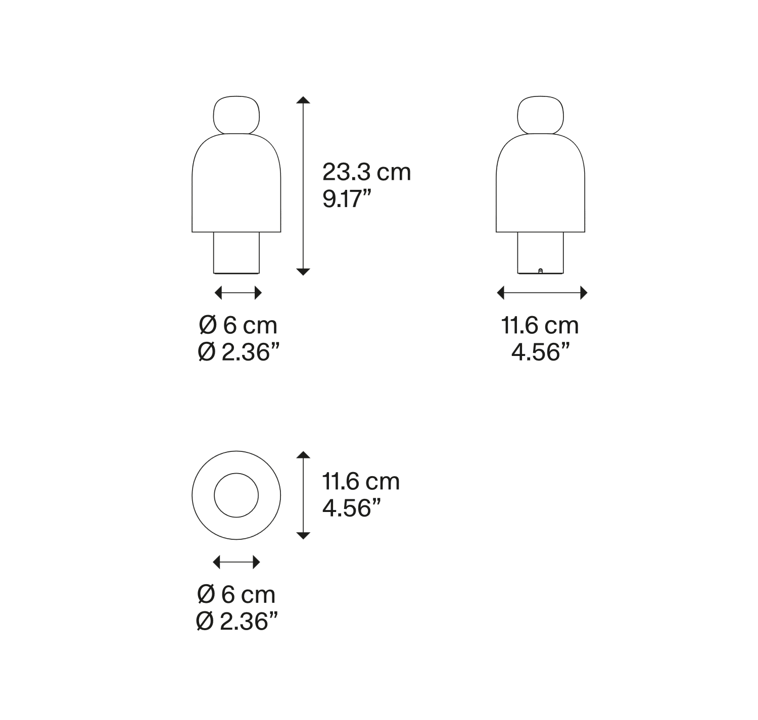 Designer line drawing of the Lodes Easy Peasy Portable Table Lamp for dimensional reference
